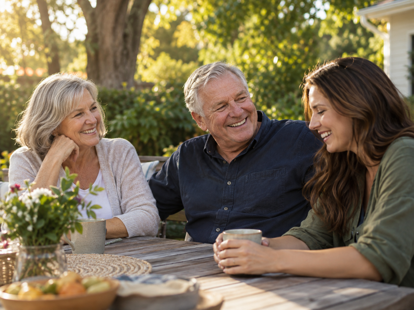 An older couple sharing a happy afternoon with their adult daughter